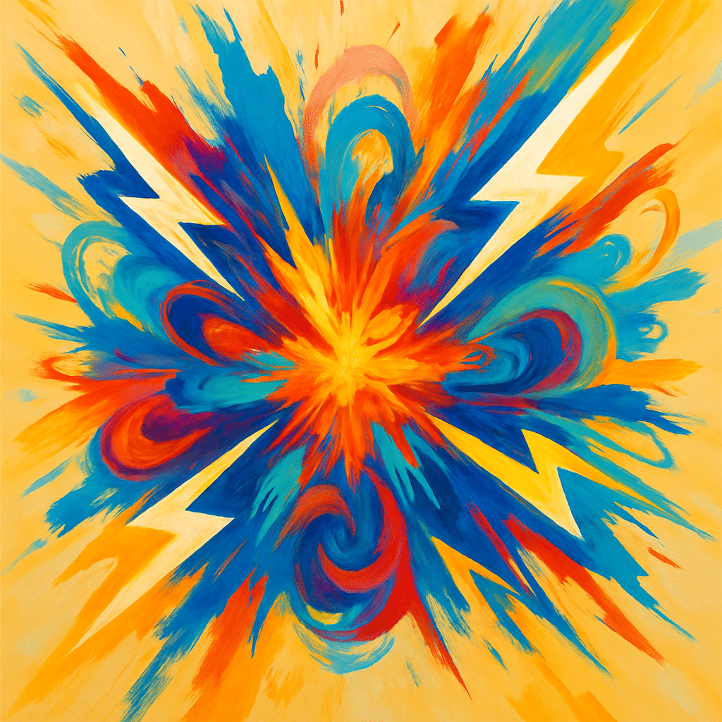 Abstract explosion with swirling colors and lightning bolts representing emotional overload on a bright background.