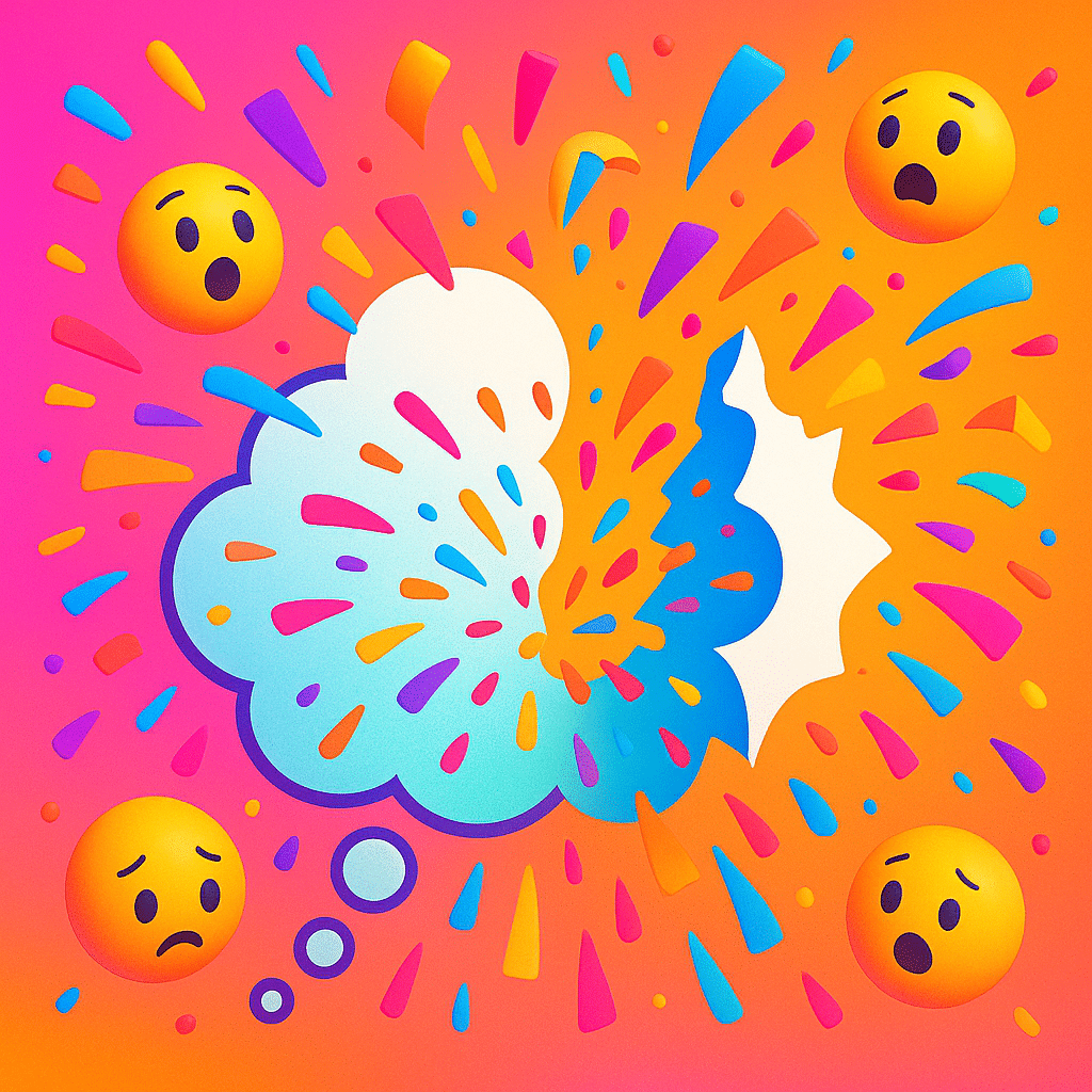 A colorful, modern illustration of a floating thought bubble bursting open, with confetti and various animated emojis like surprised and sad faces raining down, set against a bright gradient background.