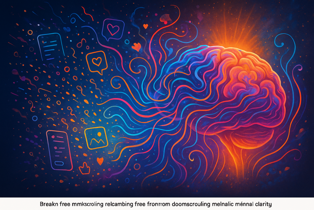A vibrant human brain with colorful abstract patterns and neon swirling lines, with floating digital screens transforming into a calm, radiant glow to represent mental clarity and freedom from doomscrolling.