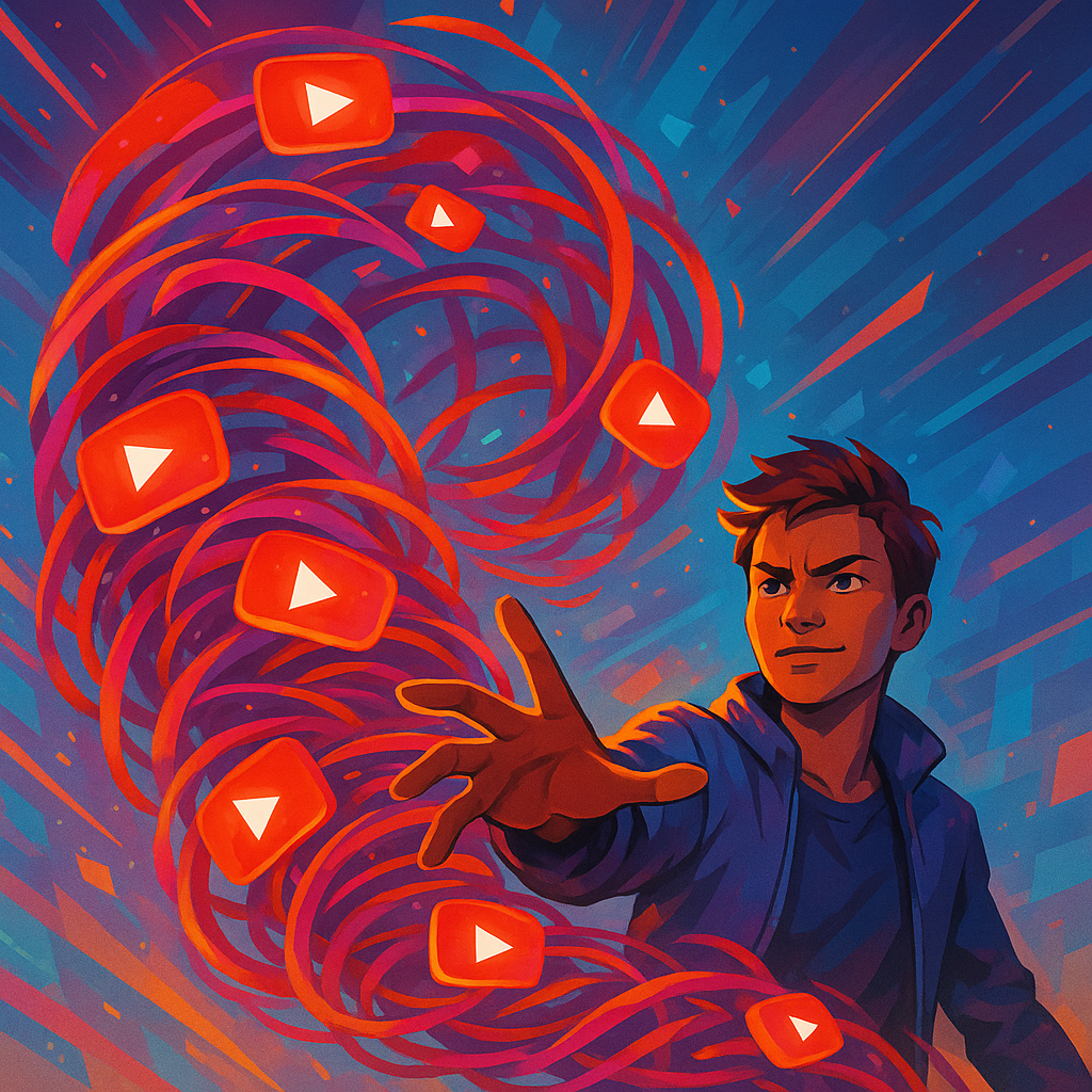 A vibrant, swirling vortex of glowing YouTube play buttons surrounding a confident person reaching out with a determined expression, set against bright streaks of light and modern abstract shapes.