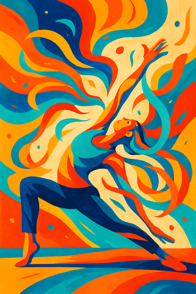 Stylized human figure mid-stretch surrounded by colorful swirling ribbons and abstract shapes against a bold, dynamic background.