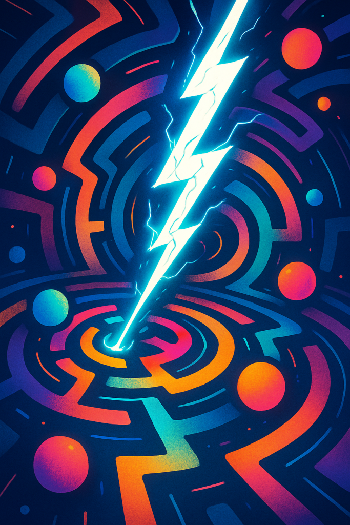 Bright neon lightning bolt crashing through colorful swirling abstract shapes and bouncing orbs, representing energy and innovation.