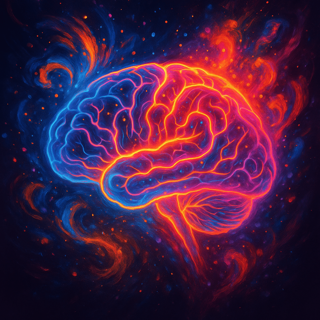 Abstract vibrant brain with glowing neon pathways surrounded by swirling colorful energy and shimmering particles, representing mental renewal and creativity.