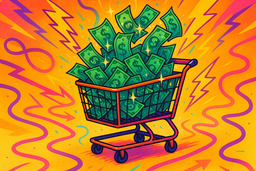 Colorful shopping cart spilling animated dollar bills with swirling lightning bolts and abstract pathways in a bright, energetic background representing impulsive spending.
