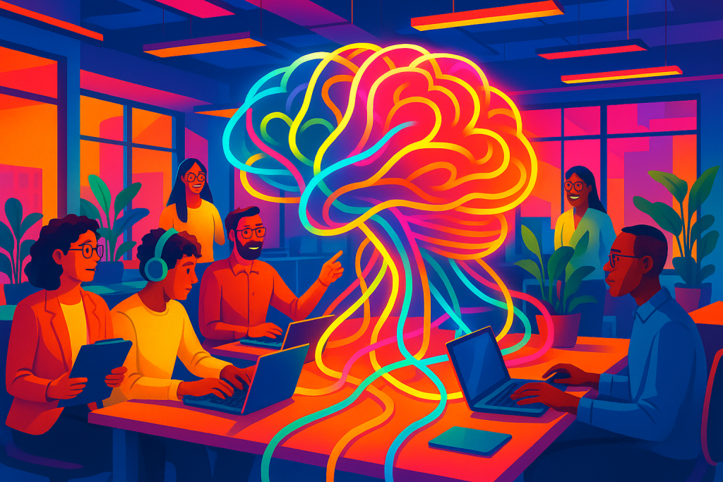 Open-plan office with high-contrast lighting and saturated colors; a diverse group of colleagues, including neurodivergent individuals, gathers around a glowing abstract brain sculpture made of neon ribbons that weave between desks, laptops, and potted plants.
