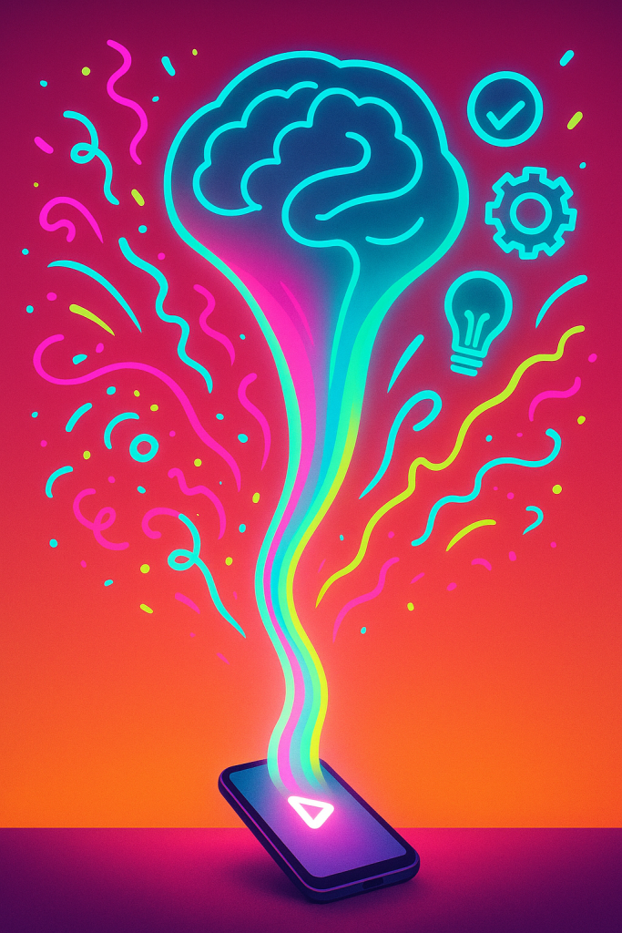 Central glowing smartphone emits a neon, multicolored energy wave that curves around a translucent brain silhouette. The left stream displays precise icons (checkmark, gear, lightbulb); the right stream becomes chaotic confetti swirls. Colors are electric pink, cyan, and lime green on a saturated gradient backdrop; no text visible.