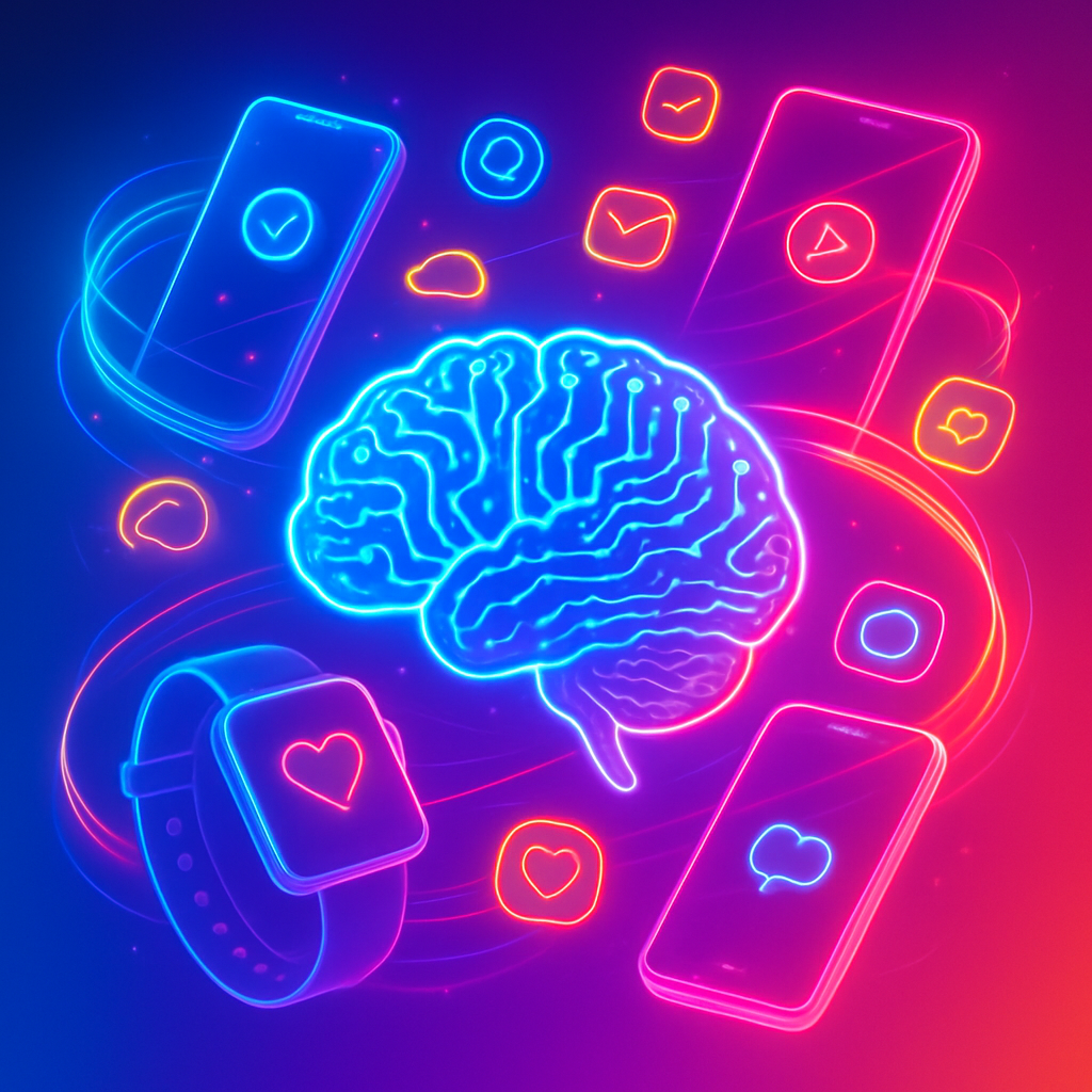 A neon, high-energy scene showing a glowing brain made of circuitry, orbiting translucent smartphones and wearables, swirling luminous app-icons, and ribbons of light against a saturated gradient from electric teal to hot pink; no text visible.