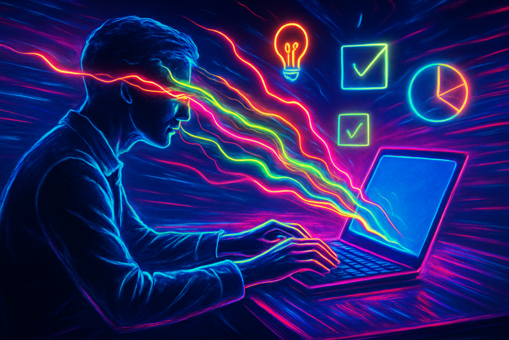 A neon, high-contrast scene of a futuristic desk with a glowing brain motif; dull gray tasks morph into jagged electric ribbons of electric blue, hot pink, and lime green leaping from eyes to hands; floating glowing icons and motion blur; no text.