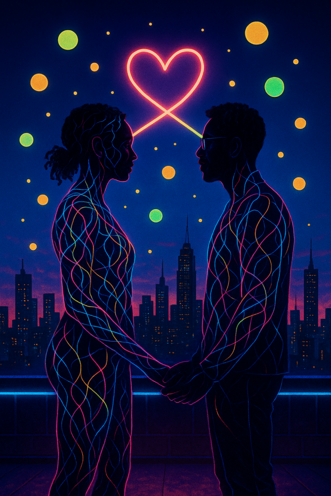Two diverse adults on a neon rooftop at dusk, silhouettes formed by pulsing luminescent threads in electric pink, blue, and lime, linked by a ribbon into a glowing heart, with floating idea orbs and a futuristic city skyline behind.