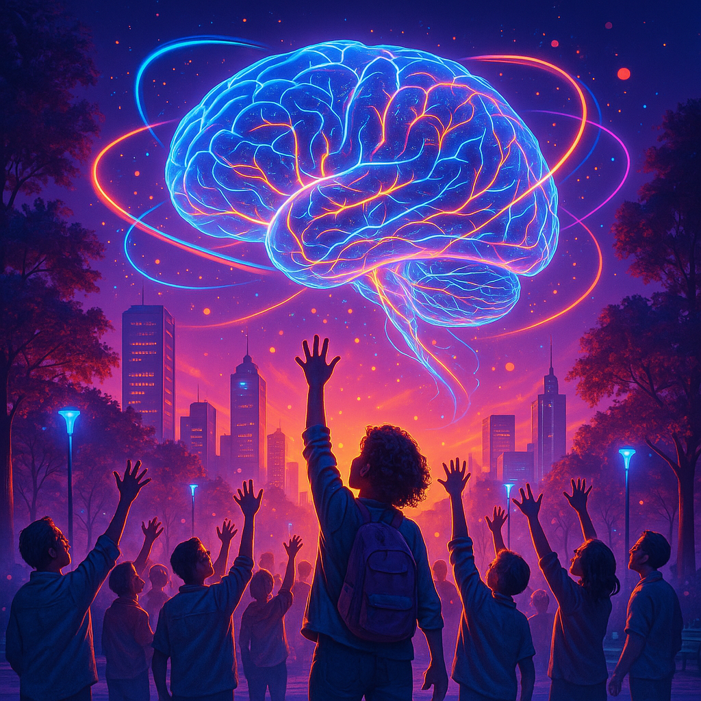 Futuristic city park at sunrise with a large translucent brain hovering above the skyline; glowing neural pathways in blue, magenta, and gold; diverse crowd reaching toward it; ribbons of light and floating particles swirl around.