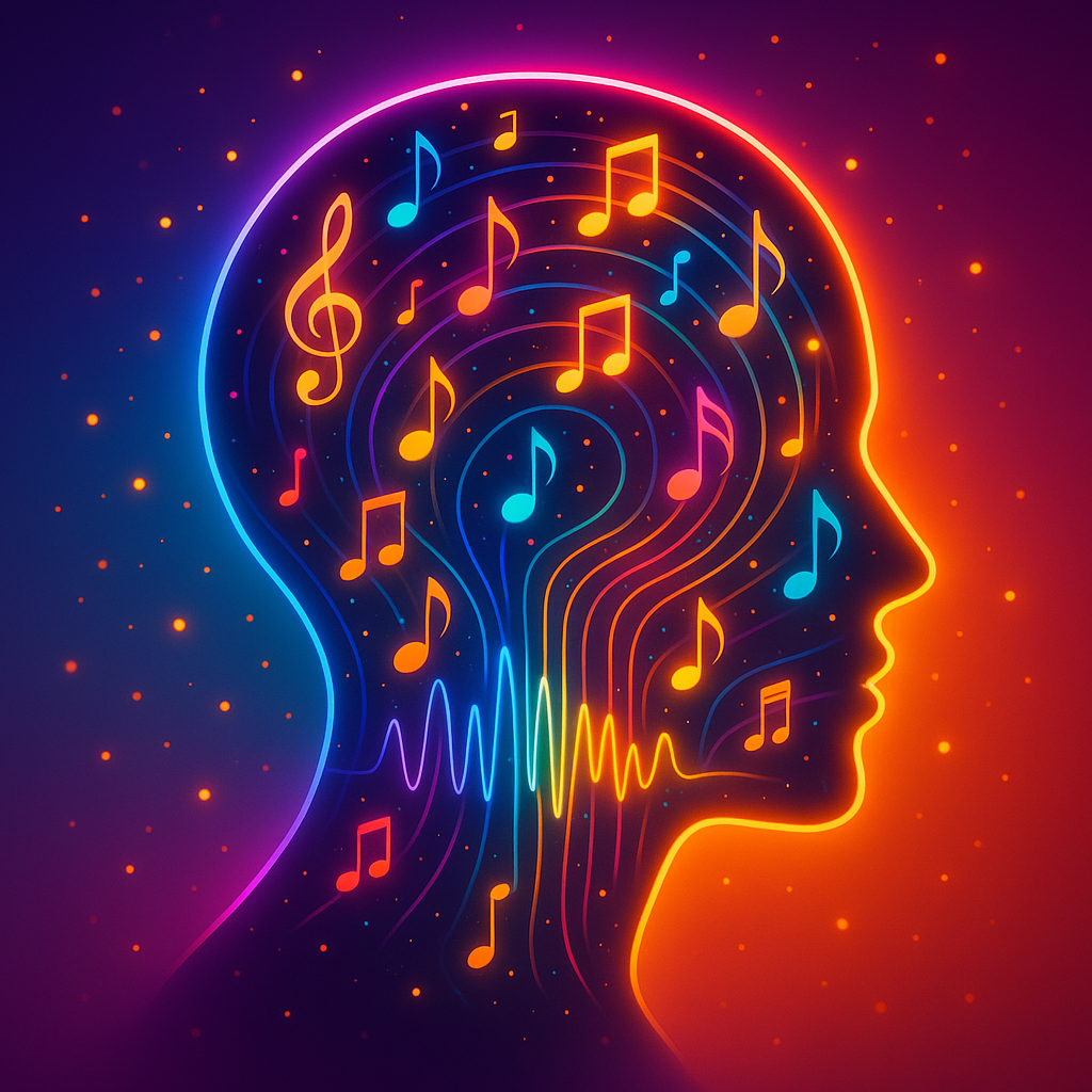 Neon-lit human head silhouette with interior streams of musical notes, glowing waveforms, and color-splashed light conduits against a vibrant gradient background with orbiting spark particles.