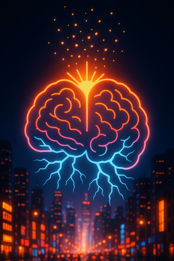 Neon-lit brain silhouette with a top sunburst crack, electric synapses spilling into a glowing cityscape, and a halo of energy particles rising above in a high-contrast palette, no text.