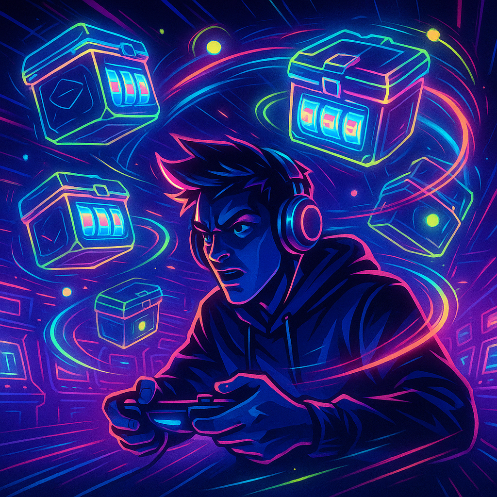 A neon futuristic arcade scene with a focused gamer surrounded by drifting glowing loot boxes; energy lines and orbiting orbs; loot boxes morph into slot-machine reels; blue, pink, and lime gradients; no text overlays.