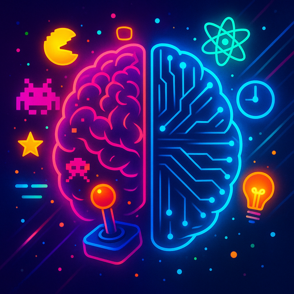 A neon, split brain: left half filled with arcade-game visuals, pixel sprites, and a glowing joystick; right half with circuitry, focus beams, and nodes; background in electric blues, pinks, and greens; orbiting icons and particles around the brain to evoke distraction vs focus; no text.