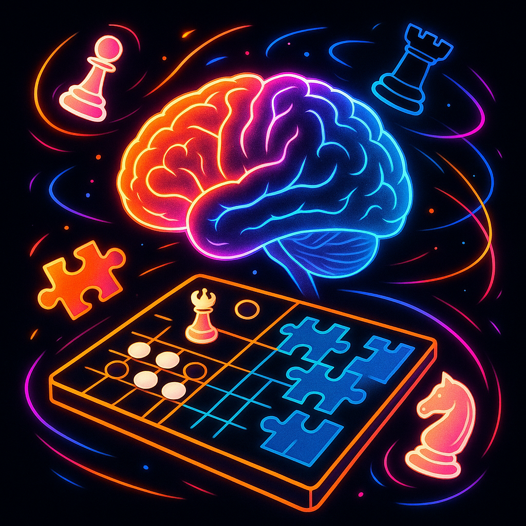 Neon-bright brain at center with glowing neural pathways transforming into a floating hybrid strategy board that blends chess, Go, and puzzle pieces; orbiting pieces and electric color trails on a bold, high-contrast background. No text in the image.