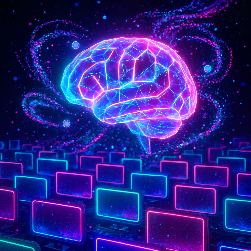 Translucent brain made of prismatic panels floating over a sea of glowing screens; spiraling iridescent data streams and glitchy particles; tiny orbs orbiting around like ideas, in electric pinks, blues, and greens; no text or logos.
