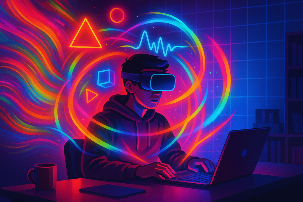 Person wearing a sleek VR headset in a neon, modern workspace; AR holograms with geometric shapes and swirling brainwave lines surround them; left side chaotic rainbow energy, right side calm grid; cinematic lighting, saturated colors, no visible text.