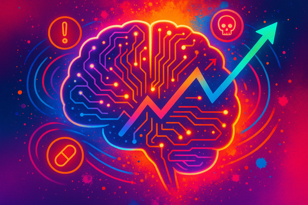 A glowing brain outline formed by electric circuits and pulsating synapses, with swirling data streams, an upward-trending graph cutting through it, ADHD-inspired color splashes, and orbiting abstract risk icons, all on a vivid gradient background, with no text.