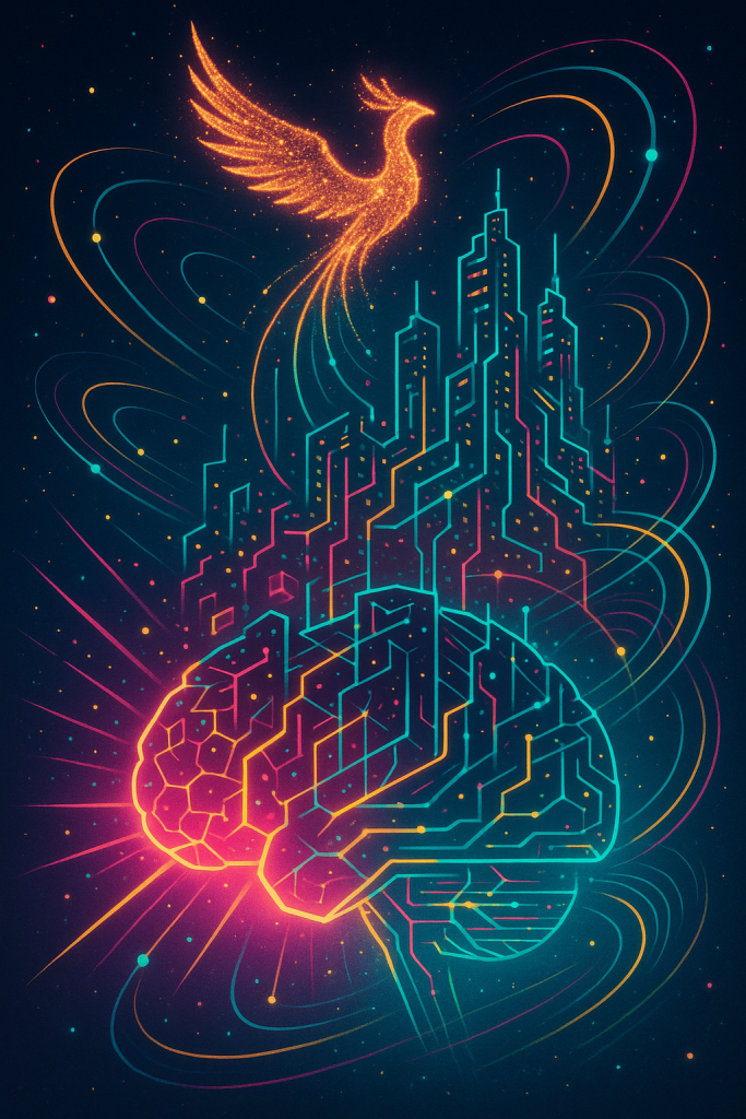Abstract neon illustration of a radiant brain fragment breaking into a glowing city of light, with neon neural highways, a phoenix of sparks rising from the cortex, magnetic wind trails, and colorful orbits in electric pink, teal, and citrus yellow; no text.