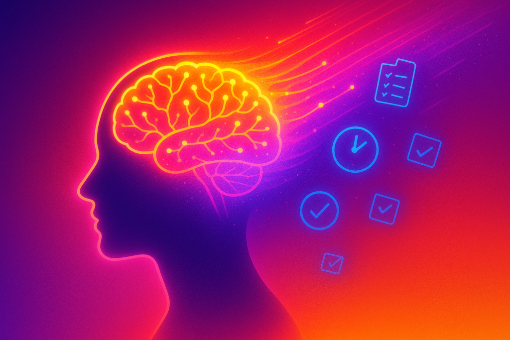 Neon-colored profile silhouette with an oversized bright brain bursting from the skull, trailing a comet of glowing neural networks; fading habit icons such as checklists and clocks drift behind, set against a vivid electric gradient background.