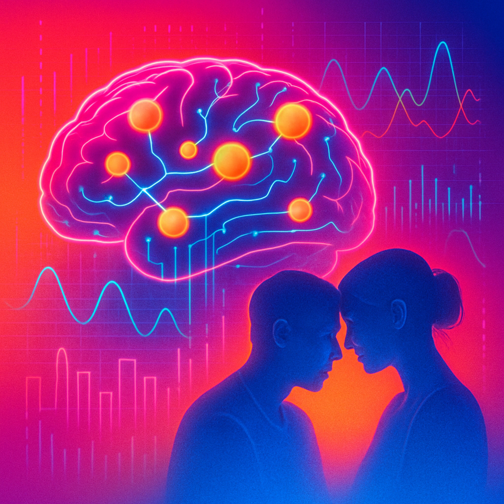 A neon-lit collage featuring a central glowing brain connected to circuits and dopamine-colored spheres; data streams create pulse lines and abstract graphs rippling outward, with two soft translucent silhouettes sharing a gentle, affectionate moment in a bright gradient background.