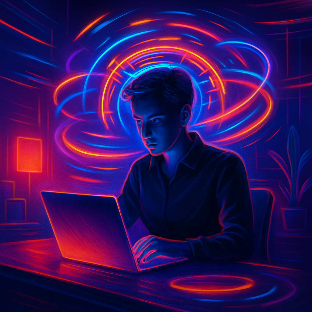 A bright, text-free modern office scene showing a focused person at a stylish desk with a glowing laptop; a neon circuitry halo circles their head and multicolored orbits swirl around them, all rendered in electric colors with motion blur.