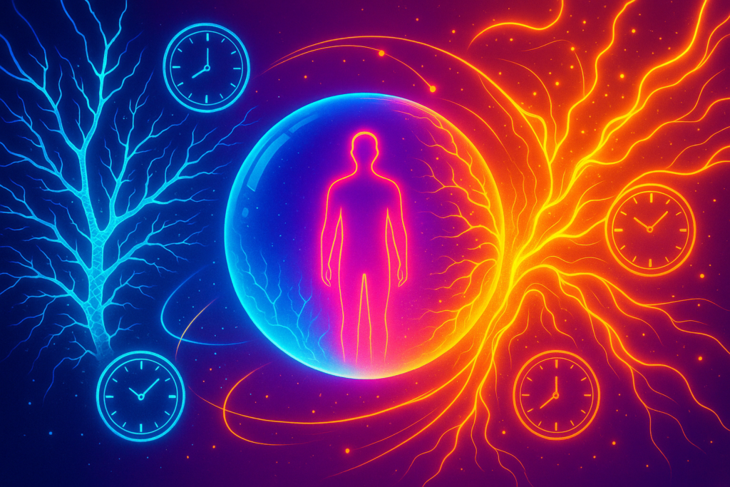 Luminous human silhouette inside a translucent crystal orb; left side shows ice-blue neural threads cracking, transitioning to warm-gold energy on the right; orbiting clocks and bright particle trails float over a vivid gradient background.