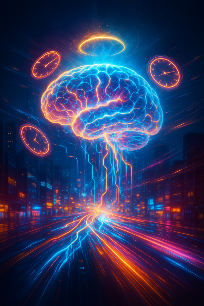 Hyper-bright brain dissolving into a neon cityscape; glowing neural highways with electric traffic; clocks as halos; light trails; radiant energy aura above; electric blues, pinks, and yellows; cinematic lighting.