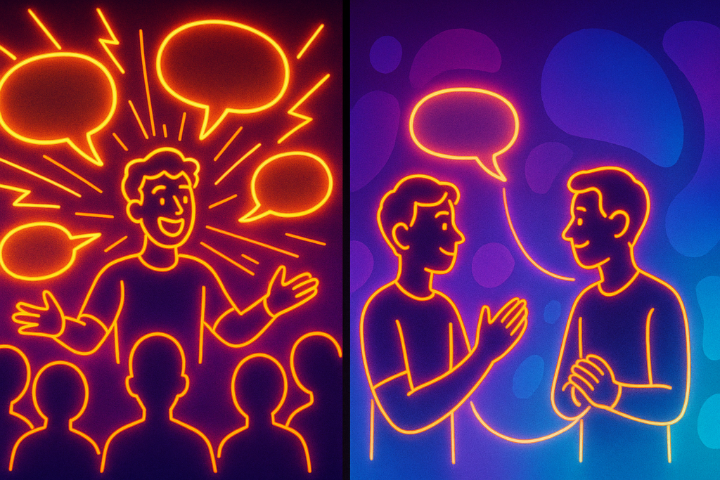 A high-contrast neon two-panel illustration: left panel shows a bold figure encircled by oversized speech bubbles and buzzing neon lines directed at faceless silhouettes; right panel shows the same figure listening calmly to one attentive listener, connected by a single glowing thread; background is a magenta-to-cyan gradient with abstract shapes; no text.