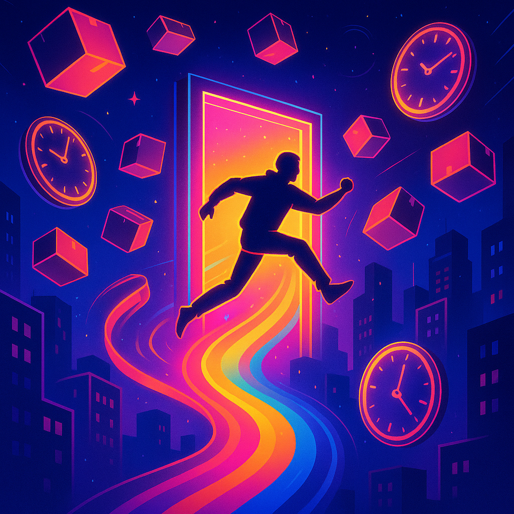 Neon-drenched scene of a silhouette leaping through a bright doorway portal, with orbiting boxes and glittering clocks, and a luminous color ribbon guiding a path through dynamic urban scenery; conveys energy and transition.