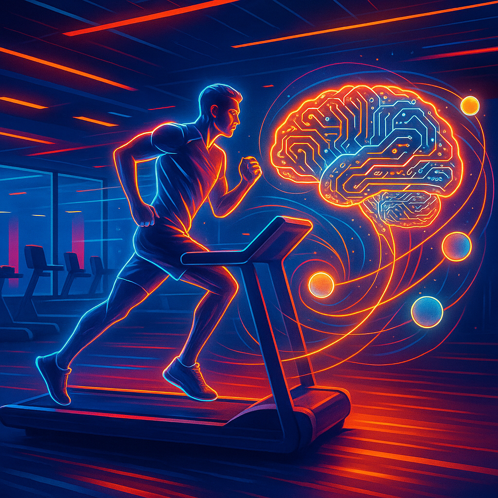 Futuristic gym scene featuring a neon-lit athlete sprinting on a treadmill that transitions into a glowing brain made of circuitry; spiraling neon energy lines connect to floating orbs, all in bold primary colors with dramatic light streaks.