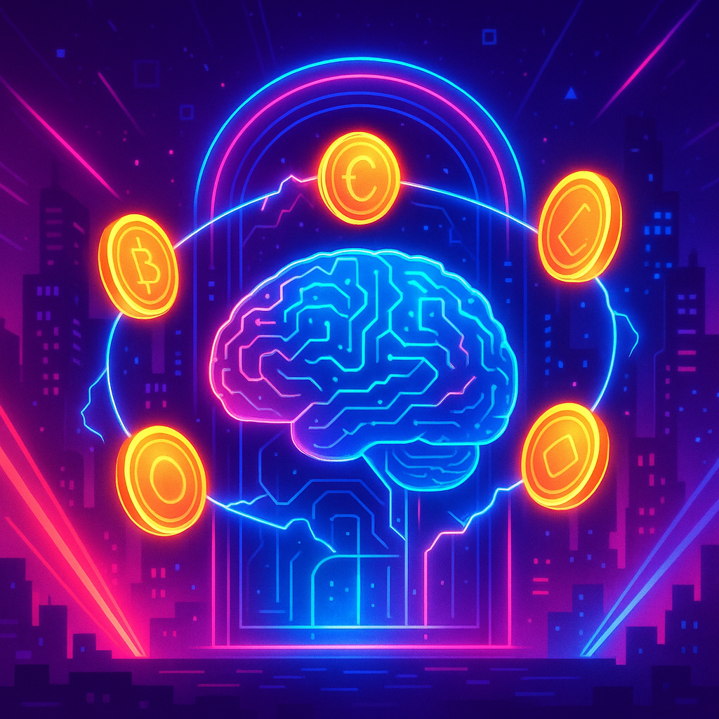 Glowing translucent brain with circuitry at center, surrounded by five radiant coin-shaped orbs in an orbit, connected by bright energy lines to a shimmering vault; magenta-to-electric blue cityscape with dynamic light beams and floating geometric patterns.