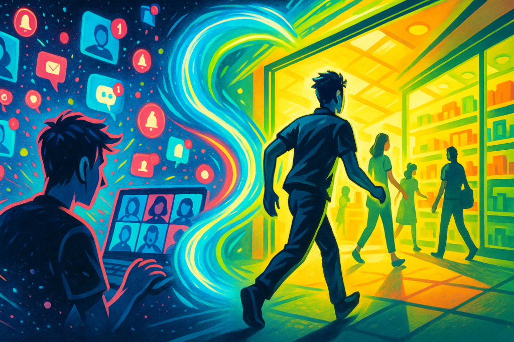Split-scene illustration with left side Zoom tiles, avatars, and buzzing notifications; right side a sunlit storefront with bright shelves and shoppers; a glowing energy bridge arches between, guiding a foreground figure from digital overwhelm to tangible focus, in electric blue, hot pink, and lime green.