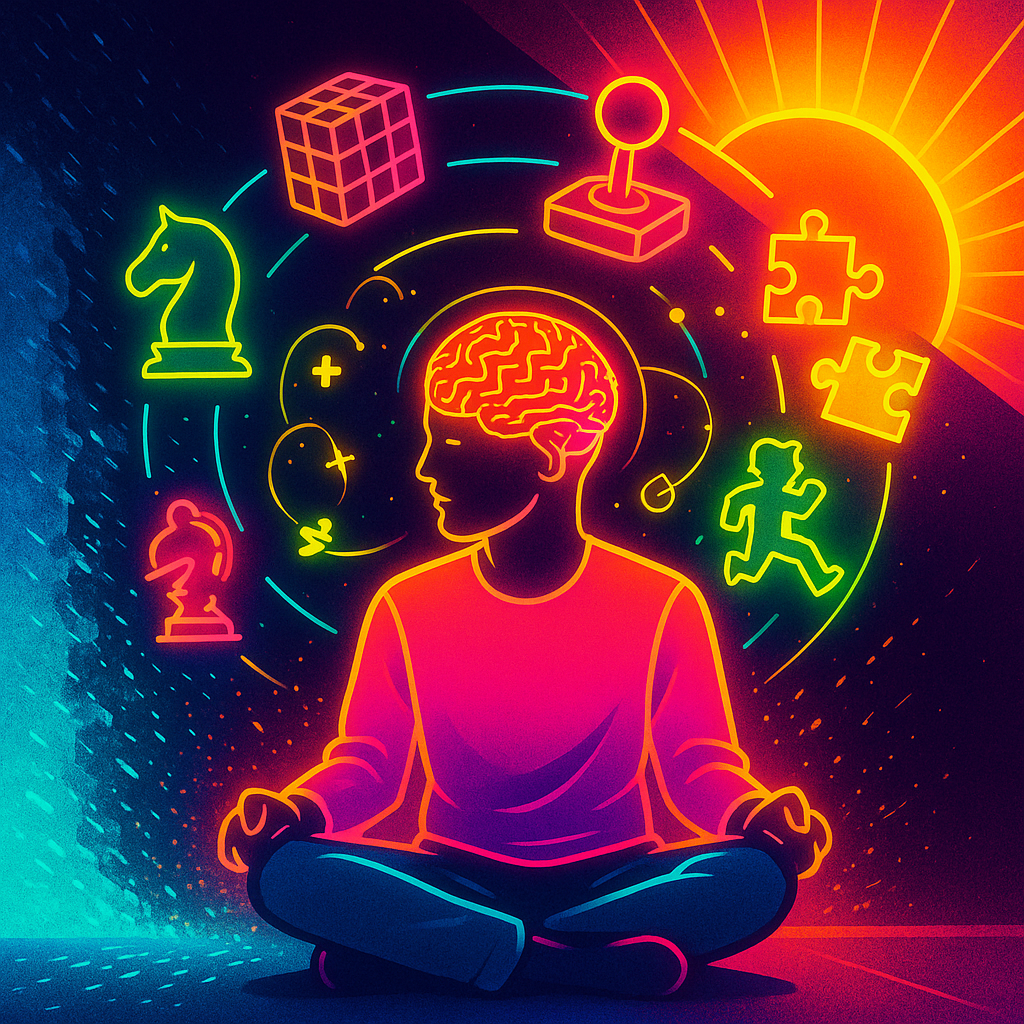 A person sits cross-legged in a vividly neon room; their head and brain glow with circuitry. Neon game icons—a chess knight, Rubik's cube, arcade joystick, puzzle pieces, and platformer silhouettes—orbit around them like planets. The background is split: on the left, electric-blue doomscroll pixels dissolve into sparks; on the right, a radiant arc of the same icons climbs toward a sunburst ceiling. Colors are electric pink, teal, lime green, and sunny yellow, with high-contrast cinematic lighting and no text.
