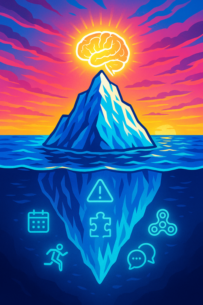 Colossal iceberg emerging from electric-blue ocean under a magenta-cyan-gold sunrise; at the tip a bright brain silhouette glows; seven small glowing icons appear below the surface, suggesting hidden ADHD symptoms; bold, modern, high-contrast style.