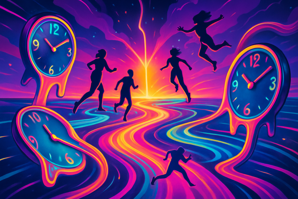 A neon dreamscape featuring melting clocks that turn into glowing ribbons, a bright air fork splitting toward a pulsing present core on the left and a shimmering iridescent horizon on the right. Diverse figures leap along kinetic light trails amid a swirl of pink, cyan, and lime. The scene contains no text.
