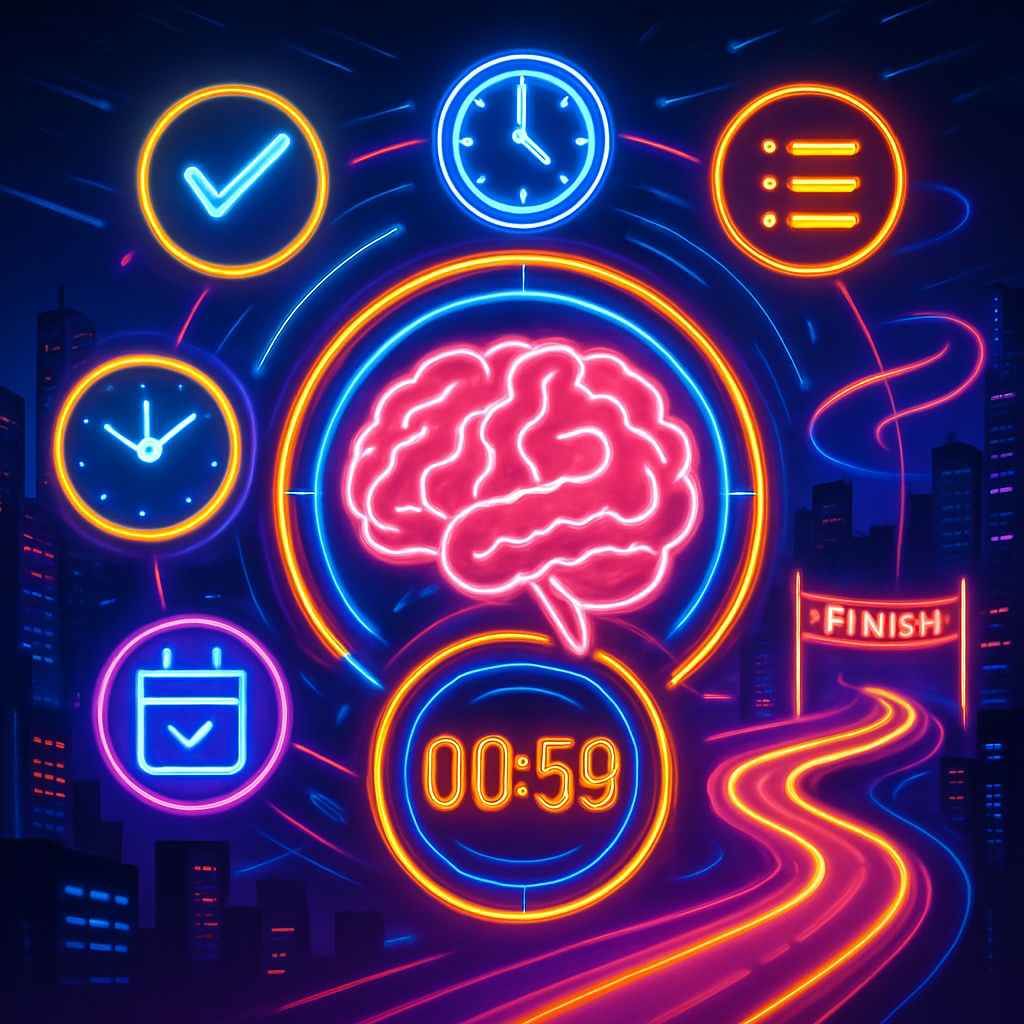 Neon brain at the center of a futuristic cityscape with orbiting icons, countdown rings, and holographic clocks; colors pink, blue, and yellow; no visible text.