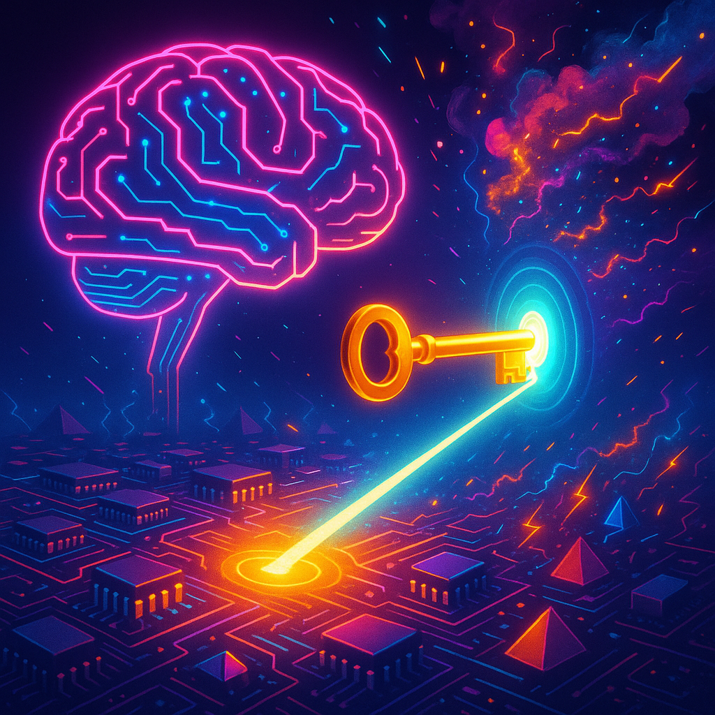 Neon circuitry brain above microchips and prisms; golden key entering a glowing portal with a beam of focus cutting through colorful ideas and sparks.