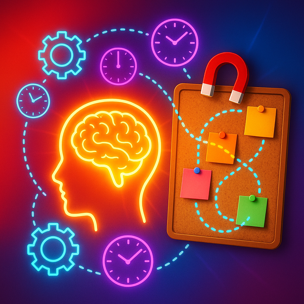 Central glowing brain silhouette with orbiting neon gears and clock faces; a magnetic corkboard with color-coded sticky notes forming a looping path to organize chaos into a routine; bold saturated gradient background with light flares; no text.